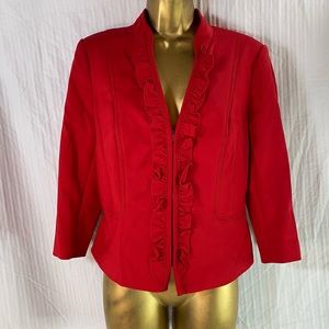 White House Black Market Sz 12 red cropped ruffle jacket blazer lined like new